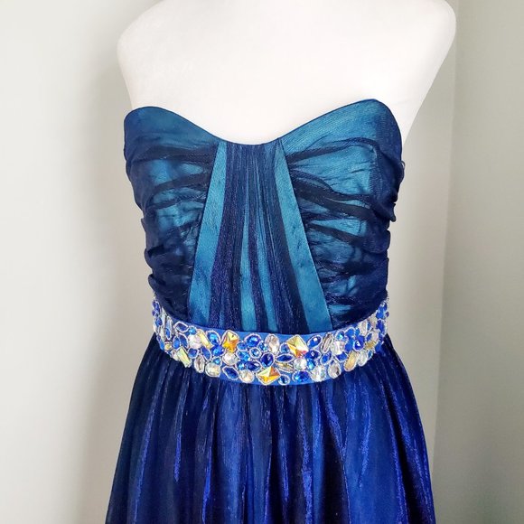 Designer Cobalt Blue Strapless Gown Dress Shimmer Sheer Overlay Faux Stones Cute - Picture 2 of 9